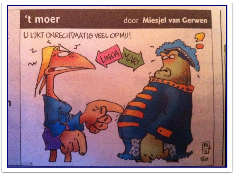 Misjel van Gerwen heeft mooie cartoon over vete tusse LINDA en MARI van de Dansmari's uit Oeteldonk 